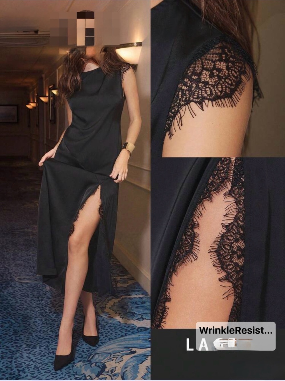 Black Lace-Trim Midi Slip Dress